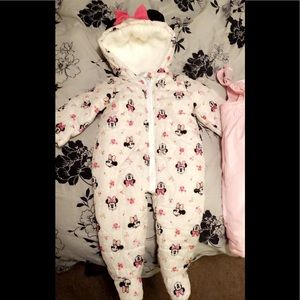 Minnie Mouse snow suit and pink overall 12 months